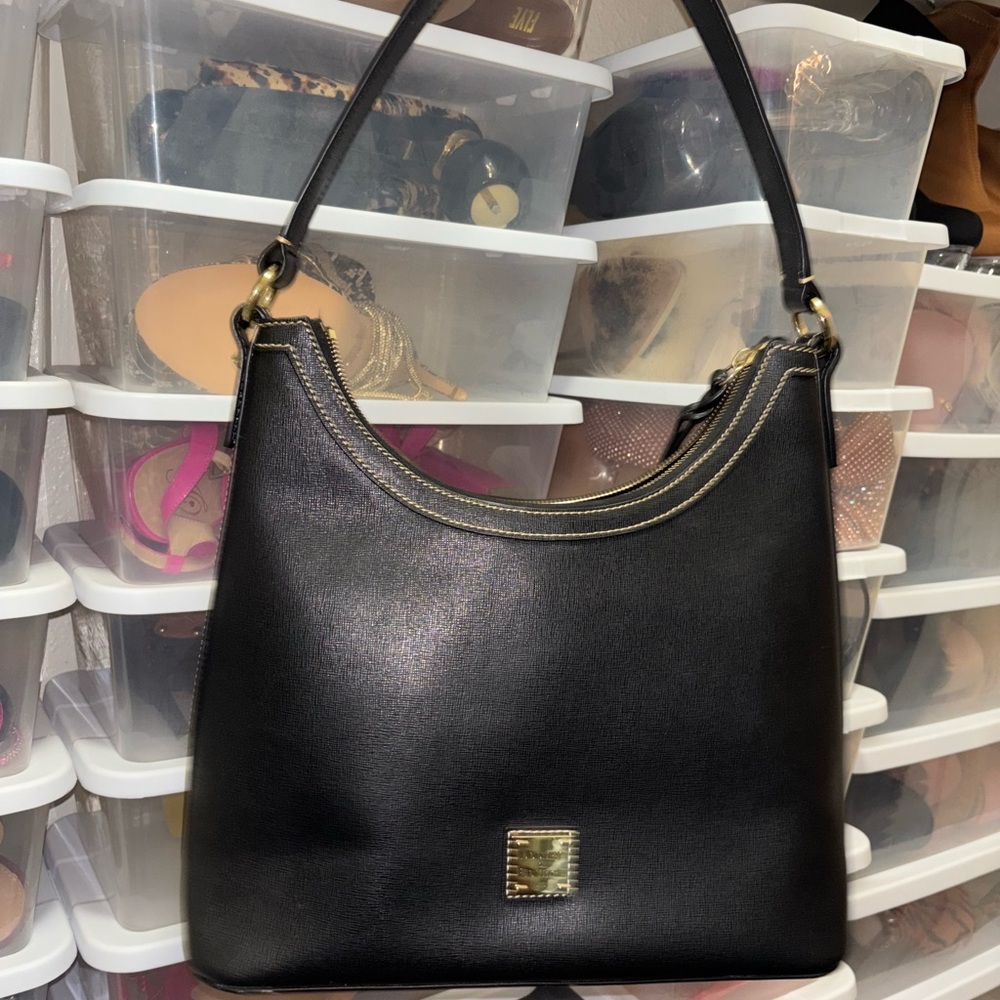 Dooney & Bourke Black Leather Shoulder Bag with Gold Hardware